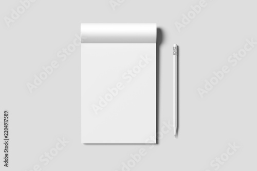 Blank notebook mockup with a white pencil on a gray background 3d rendered