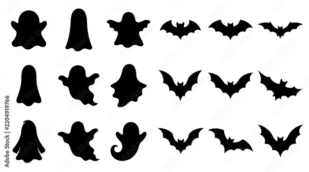Fototapeta premium Halloween ghost and bat silhouettes, black spooky vector set on white background Editable EPS