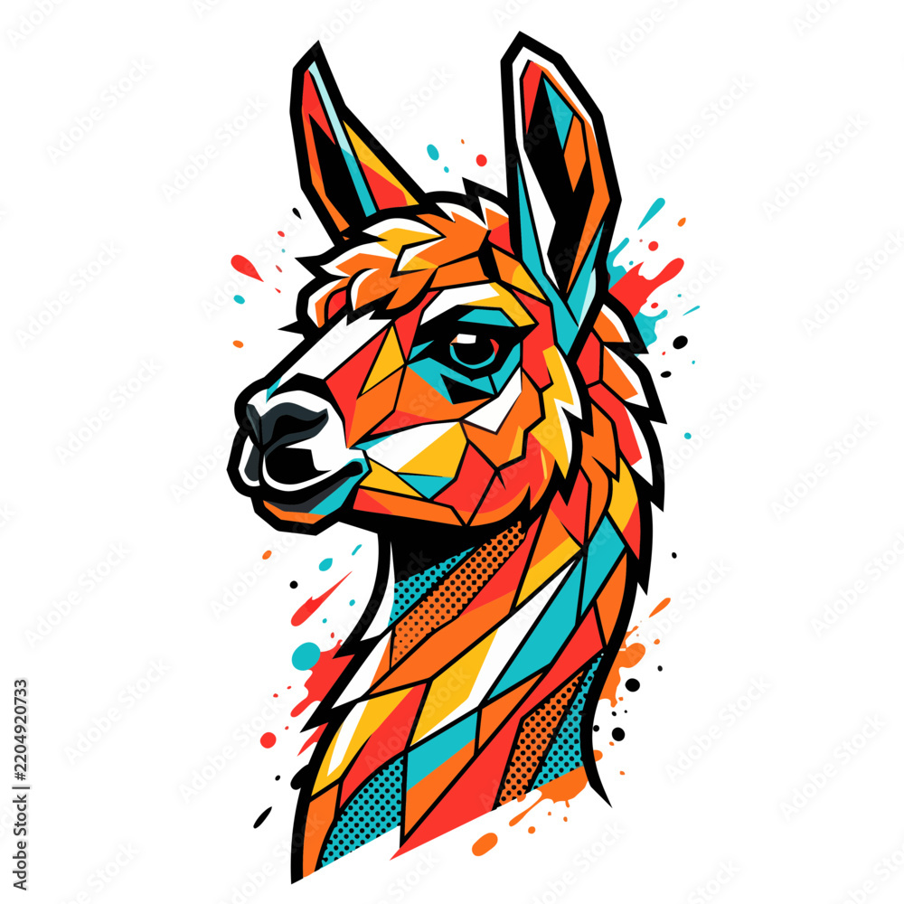 Obraz premium Vibrant and dynamic low-poly llama head illustration with abstract geometric patterns and colorful paint splatters, perfect for modern design