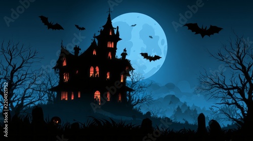 haunted halloween house background with flying bats, eerie dark mansion, mysterious supernatural atmosphere, glowing windows, shadowy surroundings, spooky night scene, horror themed autumn setting, an