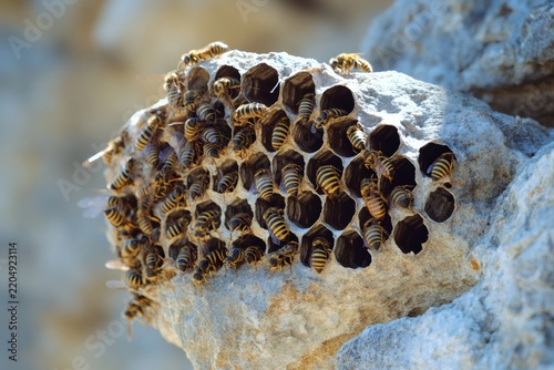 Wasps building nest with honeycomb structure on rock