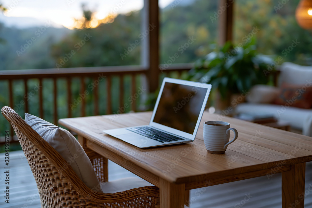 Obraz premium Minimalist office in a tropical pavilion with elegant wood furniture, open laptop and ceramic coffee mug, rainforest scenery beyond, soft morning light