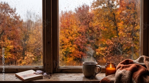 Cozy Autumn Rainy Window Scene With Mug, Candle, Book and Blanket on Wooden Windowsill