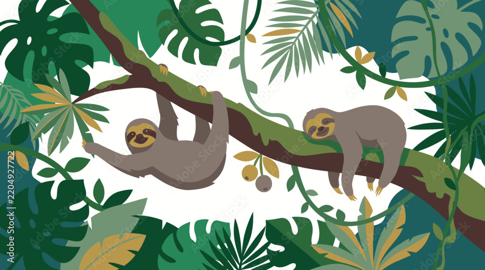 Fototapeta premium Two cute sloths hanging on tree branches in a lush tropical rainforest illustration.
