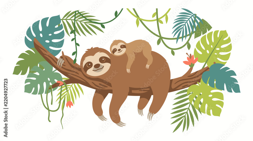 Obraz premium Cute cartoon illustration of a mother sloth with her baby hanging on a tropical tree branch.