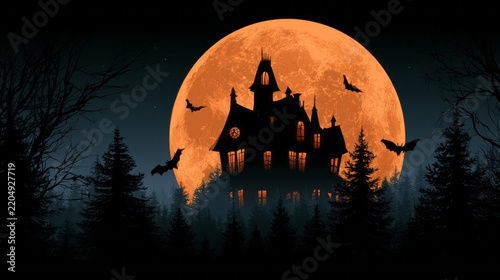 Spooky haunted house silhouette under a glowing full moon in a dark night forest with flying bats, eerie mist, mysterious trees and atmospheric halloween horror background