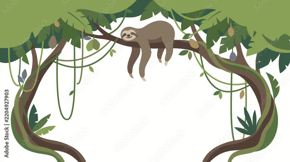 Obraz premium Cute cartoon sloth sleeping on a tropical tree branch frame with copy space.