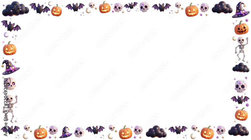 Fototapeta premium Spooky 3D Halloween Full Frame Border with Jack O Lantern Pumpkins and Skulls on Clean Transparent Background