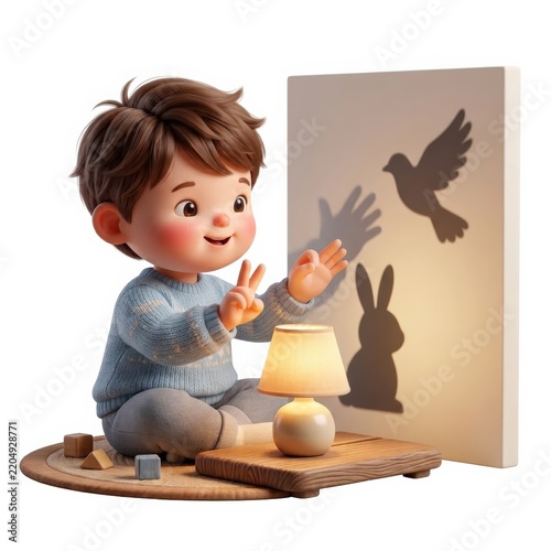 Child creating shadow puppets with lamp isolated on white background
