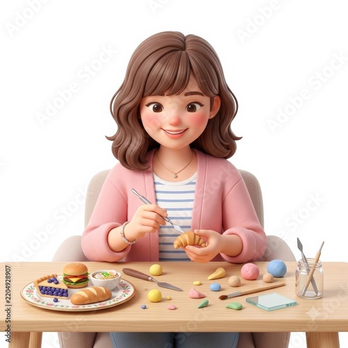 Woman making handmade pottery and small crafts isolated on white background
