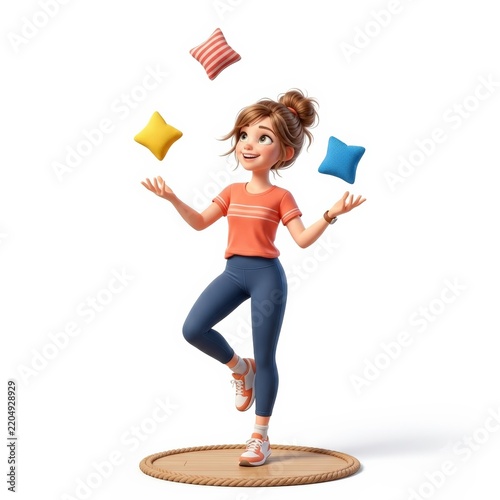 Young woman juggling colorful bean bags isolated on white background
