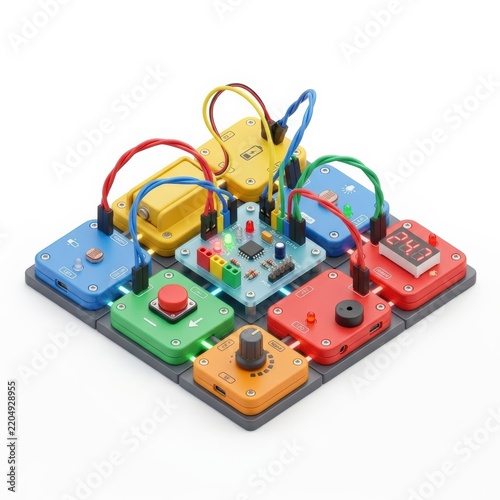 Colorful electronics circuit learning kit isolated on white background
