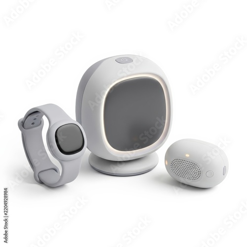 Smart home security devices with wearable alert button isolated on white background

