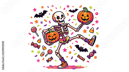 Cheerful dancing skeleton celebrating halloween party holding festive jack o lantern pumpkins surrounded by flying bats and colorful confetti