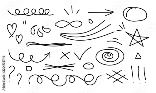 Line element hand drawn set. Sketch of arrows, star, hearts, triangle, oval, circle, spiral, infinity symbol, checkmark, grid, question and  exclamation marks, drops, loops, wavy lines. Vector