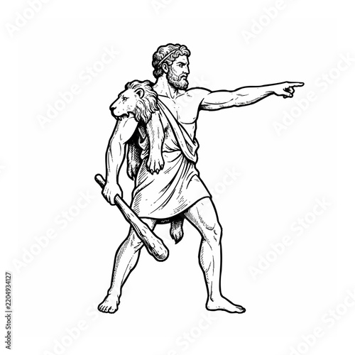 Ancient Greek Hero Hercules Pointing Forward with Club and Lion Skin Outline Vector Illustration