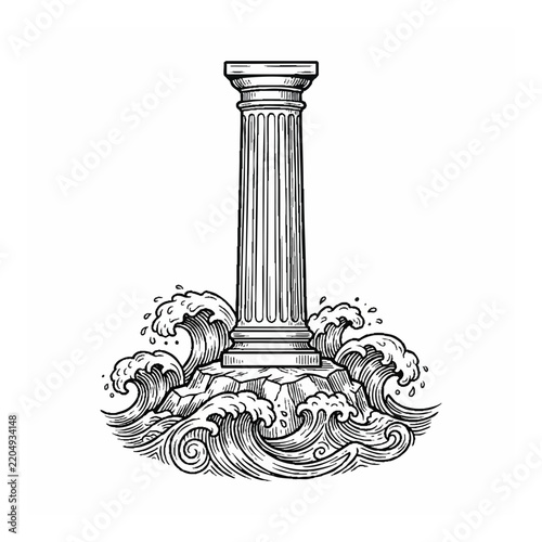 Classic Greek Stone Pillar Standing Firm Amidst Rough Ocean Waves Engraving Illustration Concept for Stability and Strength