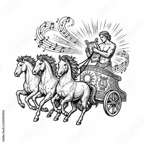 Ancient Greek God Apollo Playing Lyre on Chariot Drawn by Three Horses with Musical Notes for Fantasy Art