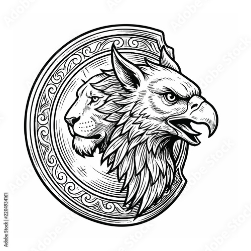 Detailed Black and White Emblem Illustration Featuring Mythical Griffin and Lion Creatures inside an Ornate Shield Design for Branding and Print Use