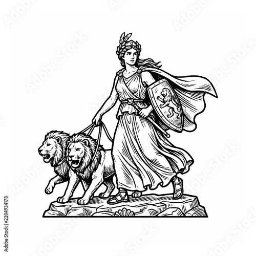 Classical Goddess Walking with Two Lions Vintage Engraving Illustration for Historical Design Projects