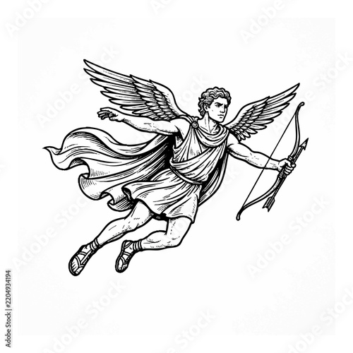 Vintage Greek God Eros Flying with Bow and Arrow in Engraving Illustration Style