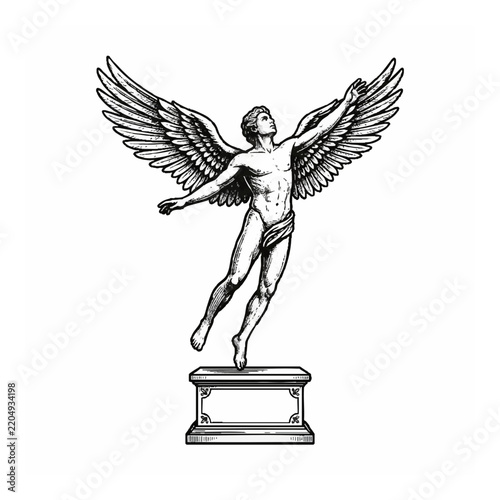 Winged Man Statue Drawing on Pedestal with Detailed Engraving Style for Classical Art and Mythology Design Projects