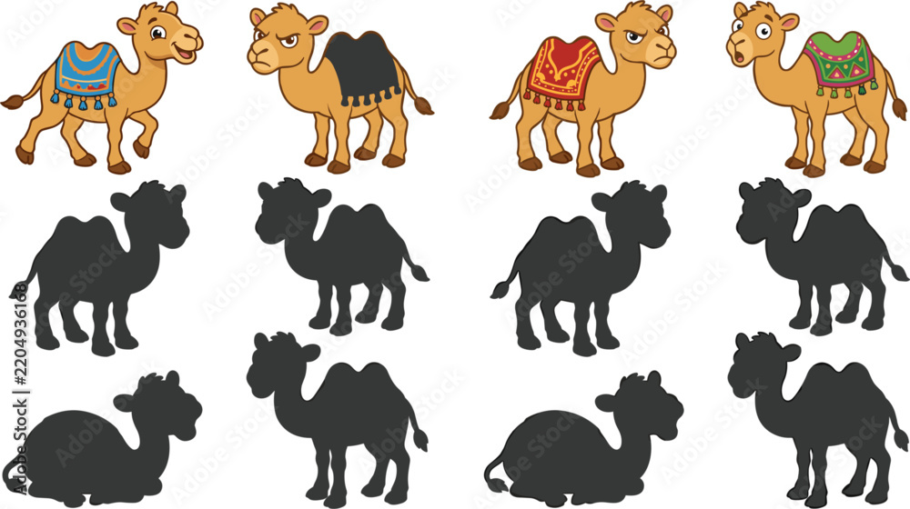 Obraz premium Camel illustrations and silhouettes are displayed on a plain white background
