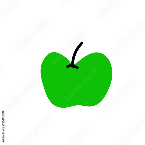 Green apple with a black stem at the top of the apple.