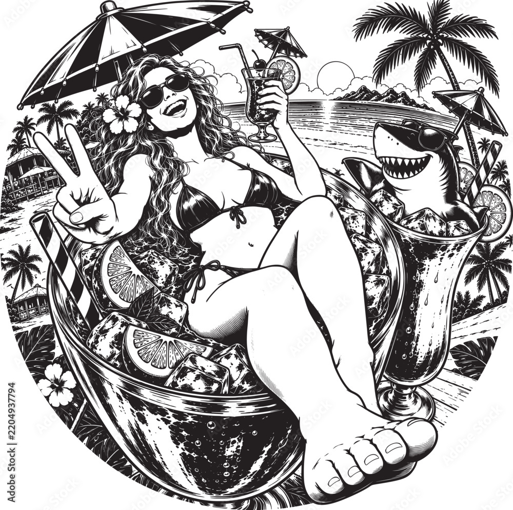 Obraz premium Sexy Bikini Girl Relaxing in Giant Tropical Cocktail Glass with Shark
