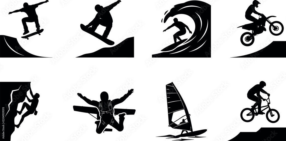 Obraz premium Set of extreme sports athlete silhouette icons including skateboarding surfing snowboarding motocross climbing and skydiving vector illustration
