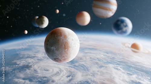 Surreal solar system with planets floating above Earth, futuristic space exploration and astronomy concept