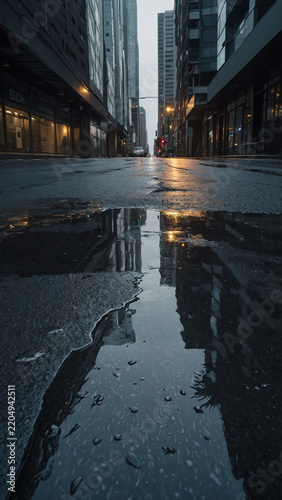 City street after rain with puddle reflecting skyscrapers and streetlights