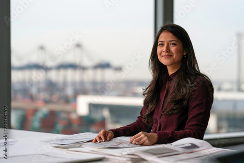 An engaging woman with a warm smile, seated in an office filled with maps and documents, symbolizing strategic planning and effective communication in a dynamic workspace.