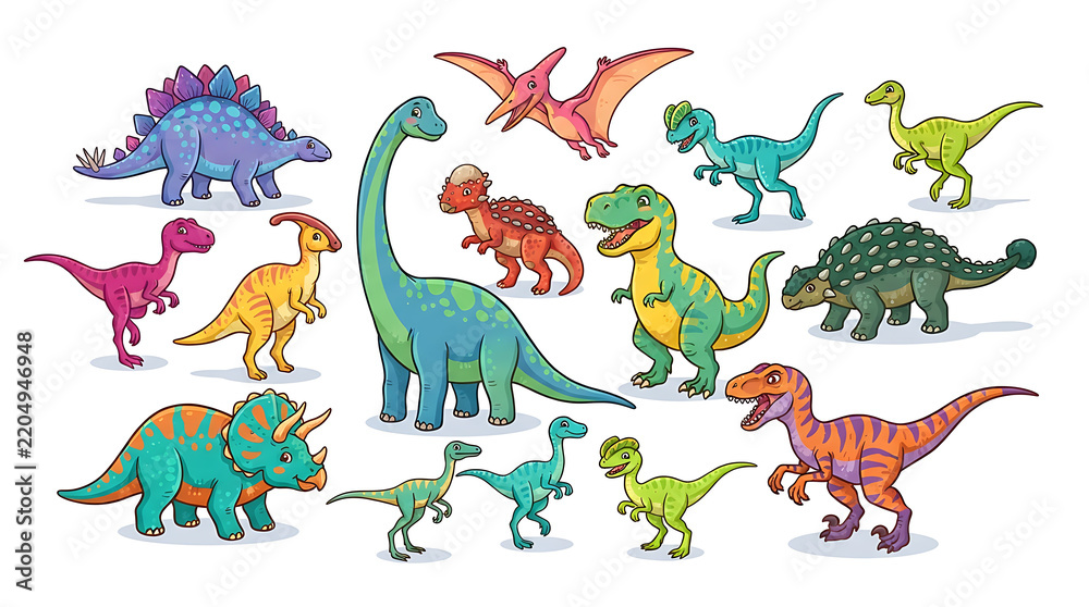 Obraz premium Colorful cartoon dinosaurs and aliens playing together