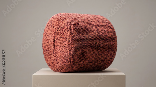 Knitted rounded cube on minimal pedestal. Illustration