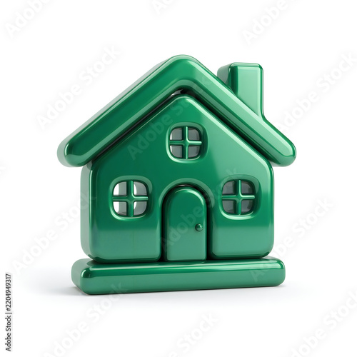 Vibrant green miniature house model with white windows and door on white background