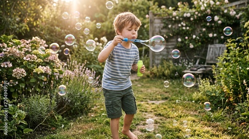 Menino soltando bolhas de sabão em jardim ensolarado, cena leve e autêntica sobre infância, diversão e liberdade para campanhas comerciais contemporâneas