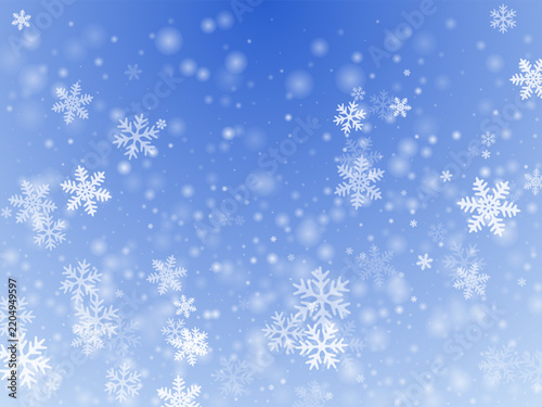 Fantasy heavy snow flakes illustration. Winter holidays design. Snowstorm dust frozen particles. Snowfall weather white blue background. Rime snowflakes february theme. Snow hurricane landscape.