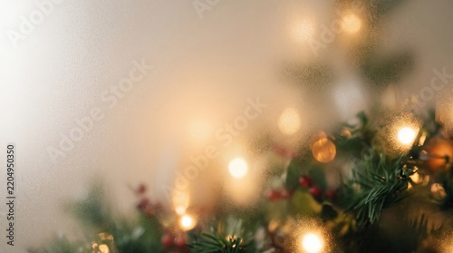 Frosted glass with warm glowing Christmas lights and blurred evergreen sprigs