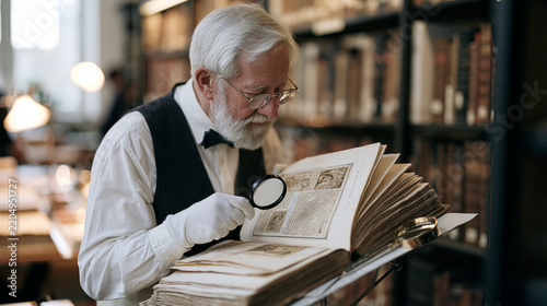 An elderly historian emeritus browsing the rare book room of a university special collections archive, white cotton handling gloves on, carefully turning pages of a centuries old