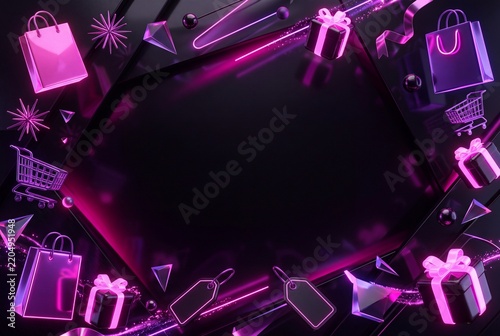 Neon Pink Shopping Background with Gift Boxes and Copy Space