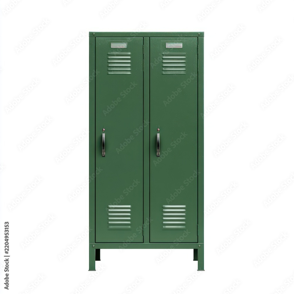 Fototapeta premium Green metal storage locker with double doors isolated on white