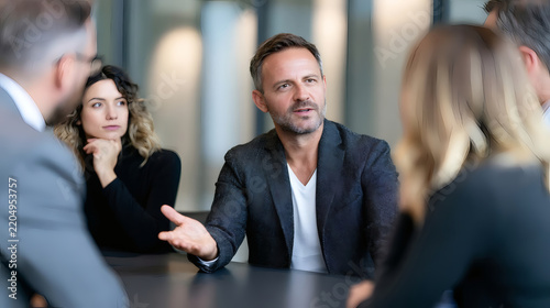Confident businessman leading a team meeting in a modern office. Diverse colleagues listening and discussing ideas together, teamwork and leadership concept.