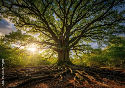 Grand old tree with massive roots at misty sunrise.
