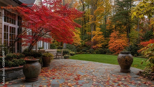 Beautiful autumn backyard with a red Japanese maple tree and scattered leaves on a stone patio.