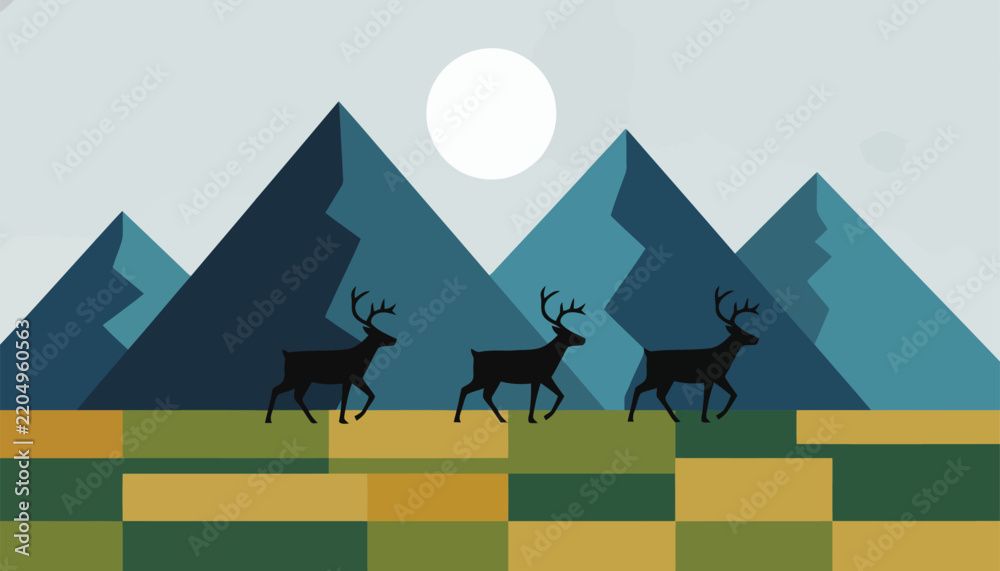 Fototapeta premium Three black deer walking across a flat field in front of sharp blue mountains and a bright white sun.