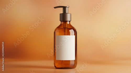 This luxurious amber pump bottle has a blank label and is set against a warm orange gradient background. It is ideal for branding skincare, haircare, or organic beauty products.