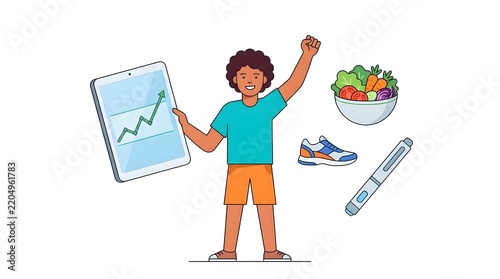 Happy person celebrating success with healthy lifestyle items.