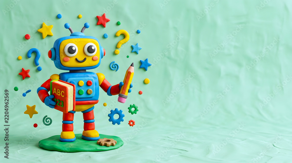 Fototapeta premium Colorful clay robot holding a book and a pencil surrounded by educational elements and question marks.