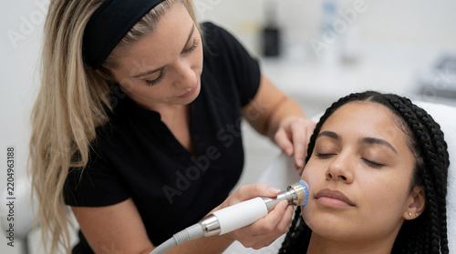 Beauty therapist performing facial treatment on relaxed client in clinic
